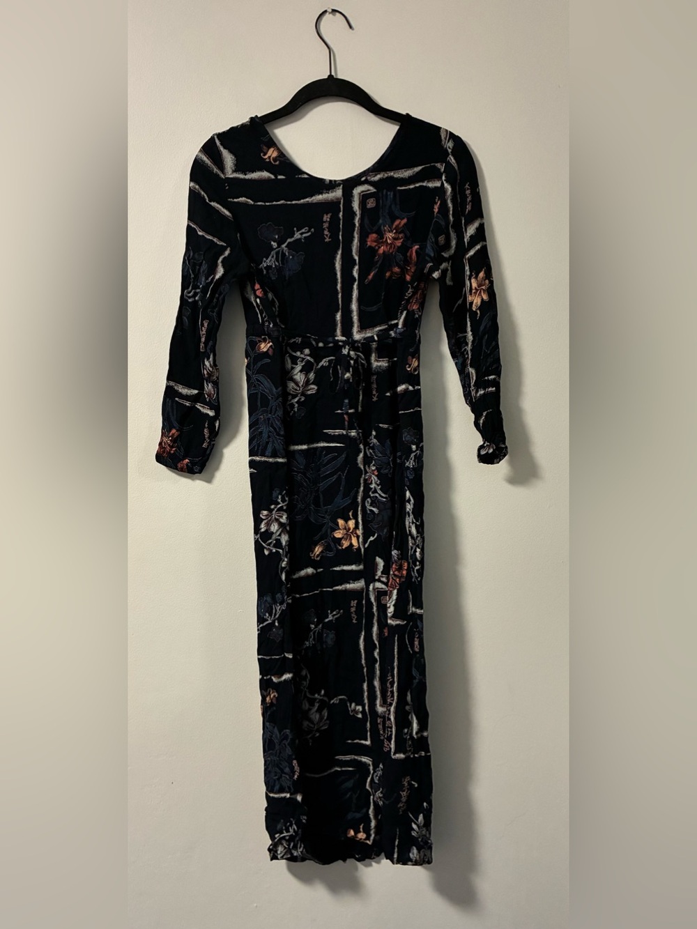 Black Floral Midi Dress with Long Sleeves